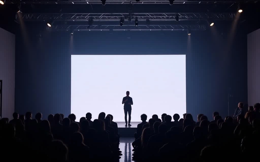 lanzamiento de producto con tecnologia LED de ultima generacion y pantallas una persona hablando en un lanzamiento de producto. La luz sale de la pantalla haciendo todo el plano una amalgama de sombras.